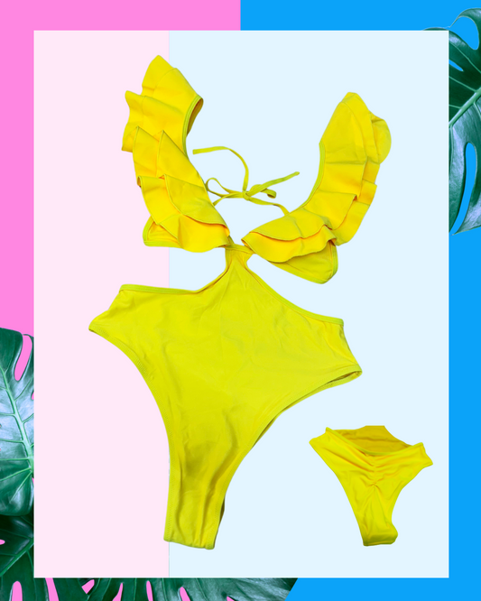 Traje de baño trikini entero volantes amarillo