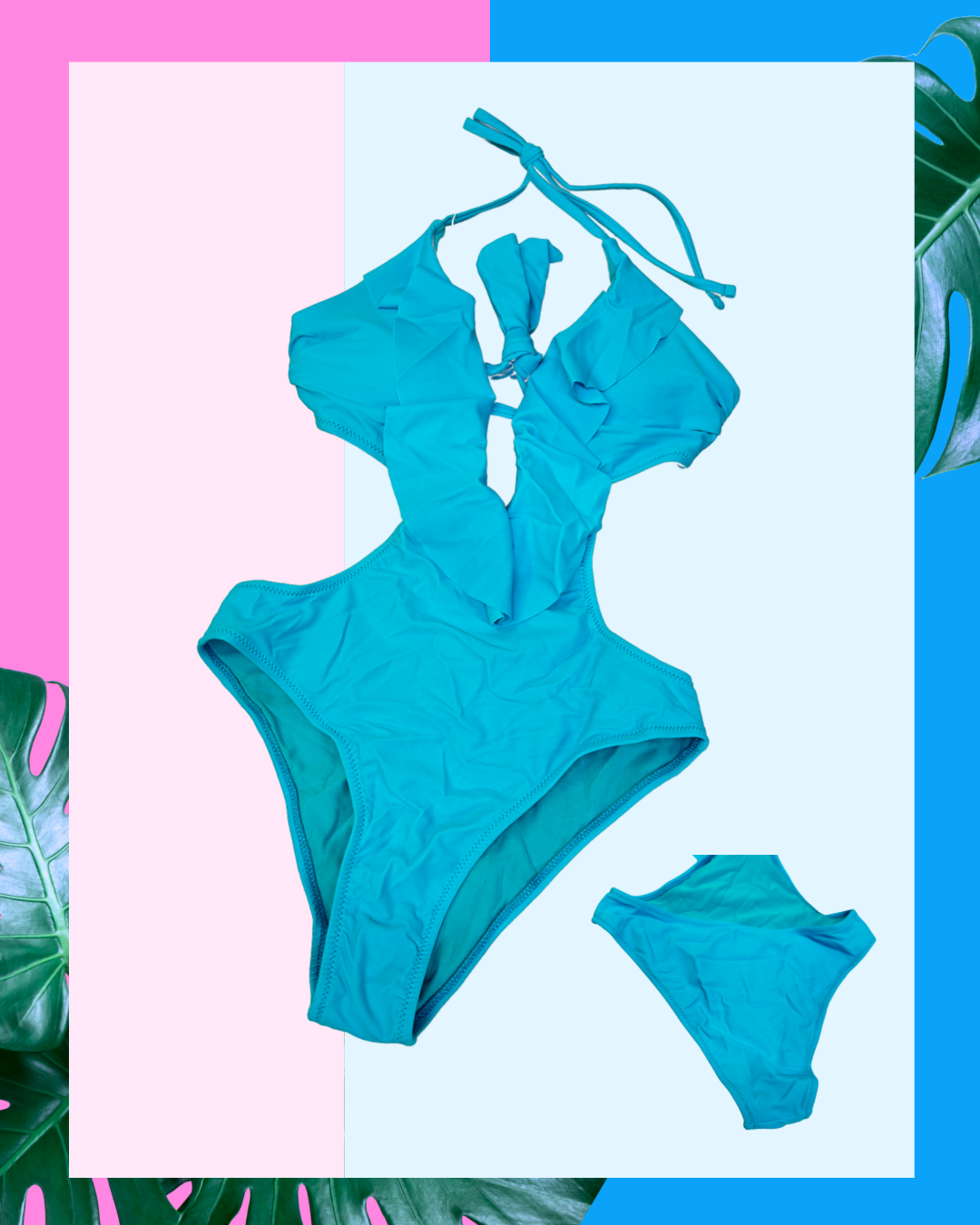 Traje de baño entero trikini volantes rosa/ azul