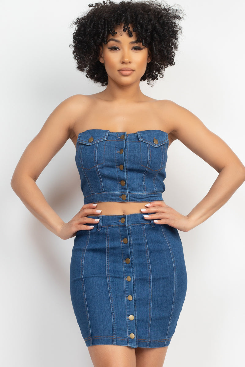 Set denim tubo crop top y falda dark blue