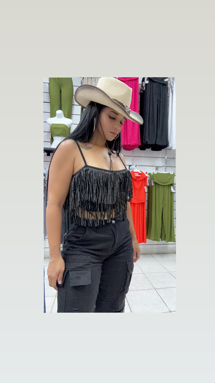 Crop top flecos vaquero negro  brillos