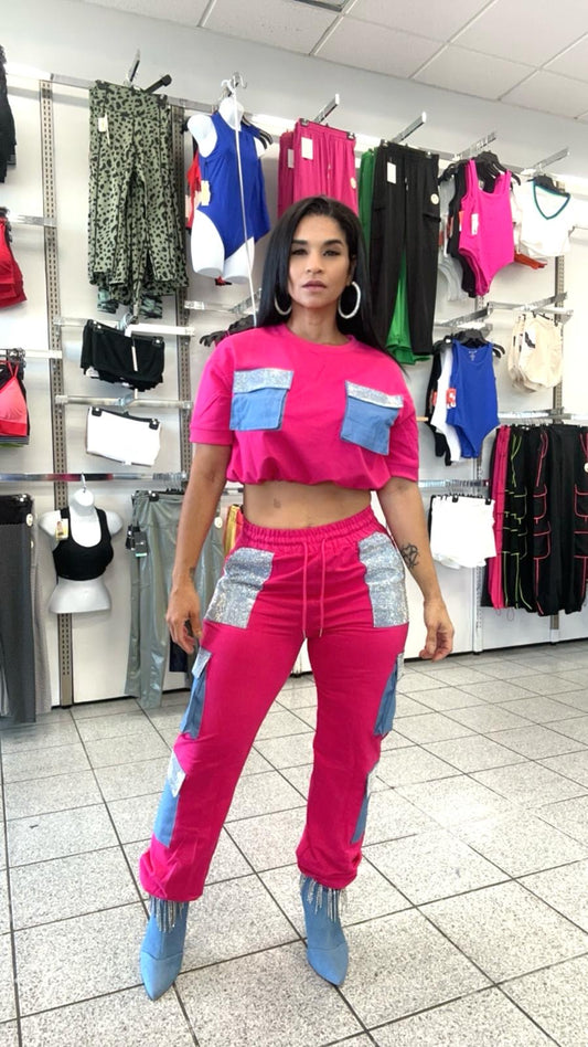 Set jogger crop top LD rosa mahón rhinestones