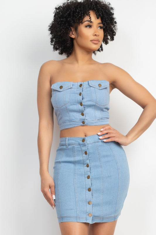 Set denim tubo crop top y falda