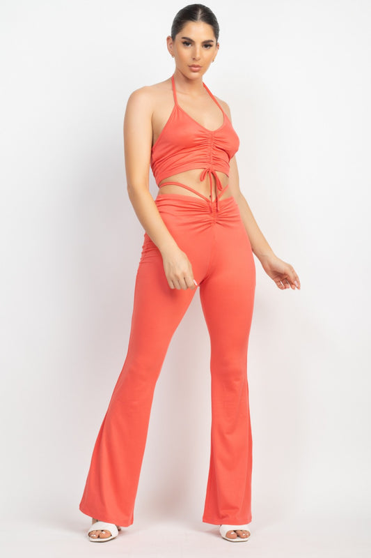 Set crop top palazo tiras coral/ azul