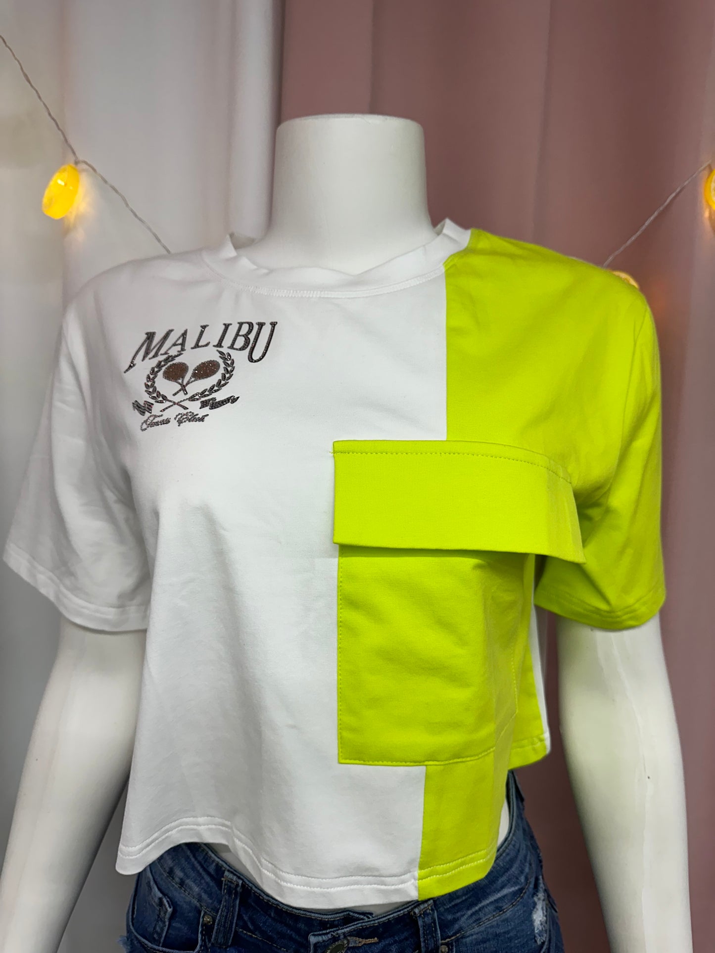 Crop top Malibu verde neon y blanco