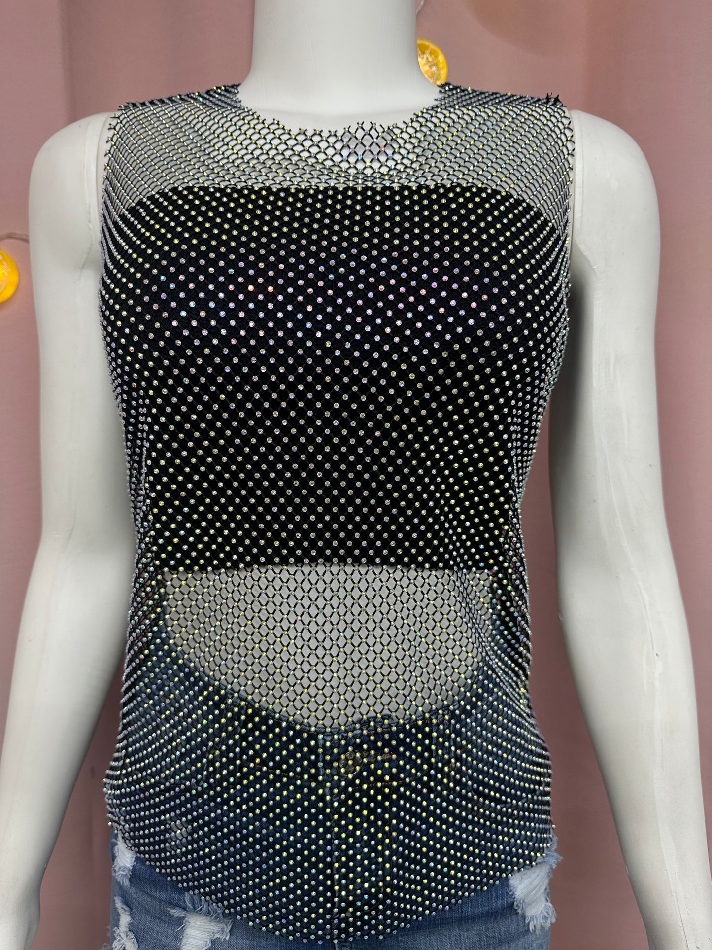 Camisa transparente rhinestones negro/ crema