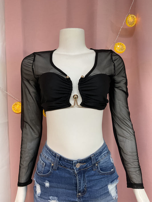 Crop top manga mesh larga hebilla oro negro