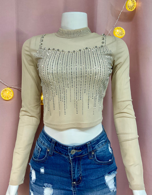 Camisa manga larga mesh rhinestones perlas beige