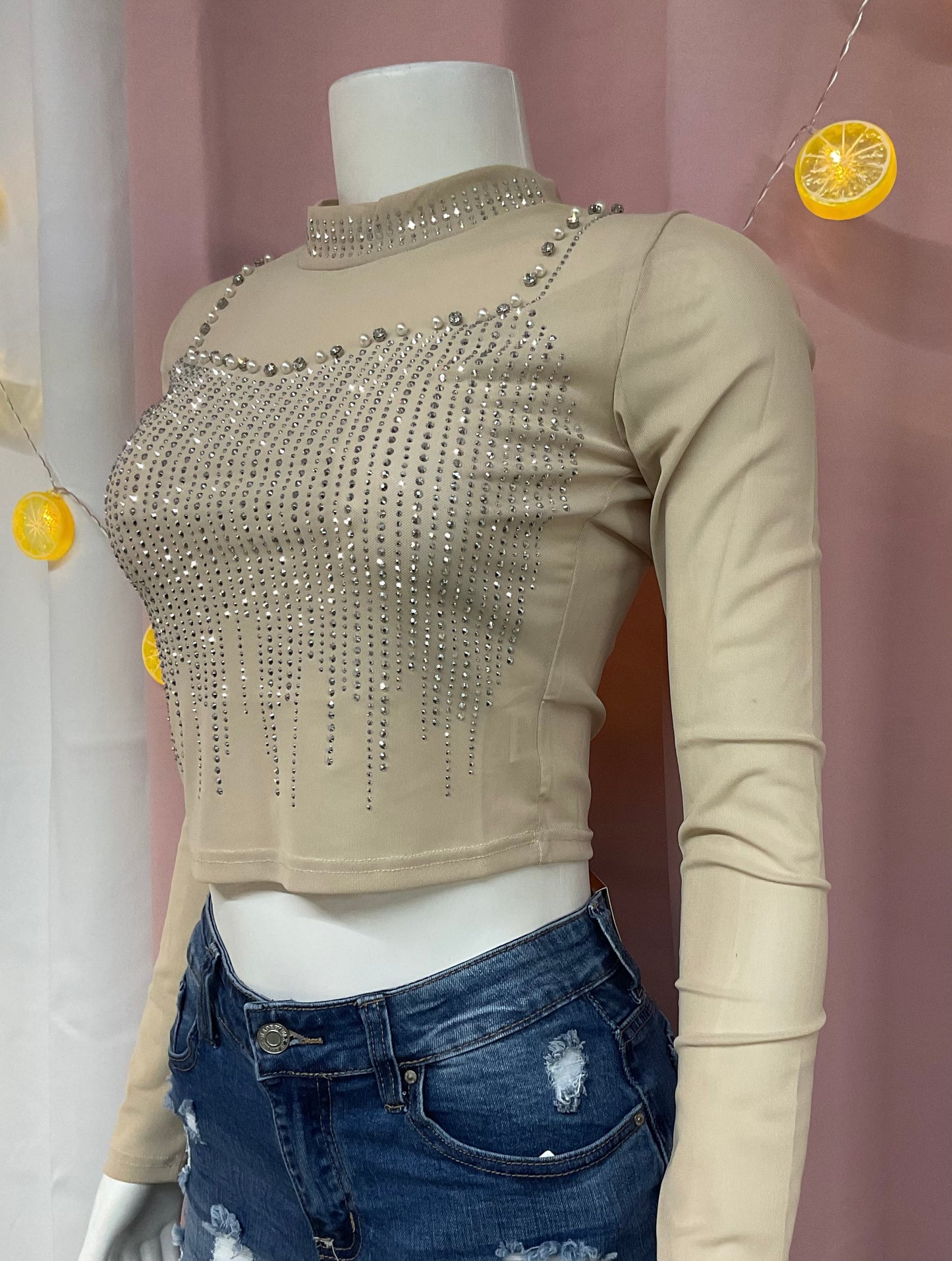 Camisa manga larga mesh rhinestones perlas beige