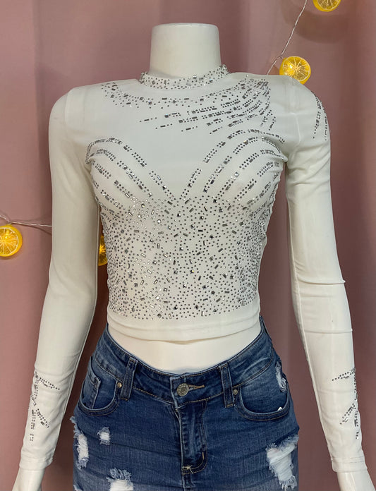 Camisa manga larga mesh rhinestones blanco