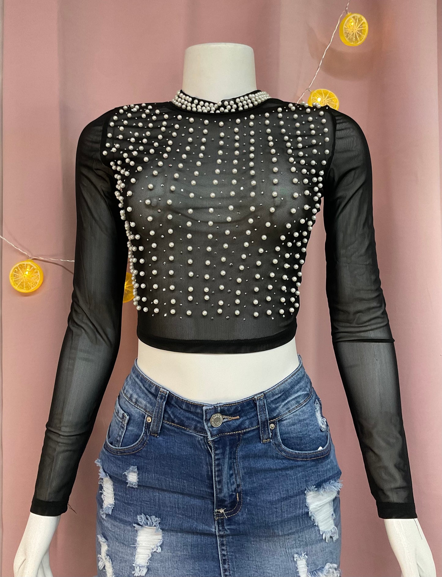 Camisa manga larga mesh rhinestones perlas cuello pedrería negro