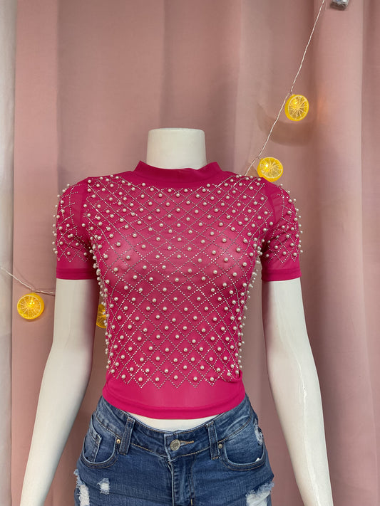 Camisa manga corta mesh perlas pedrería rhinestones negro/ rosa