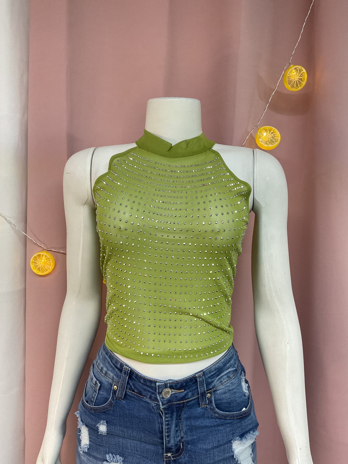 Camisa sin mangas mesh rhinestones cuello verde/ blanco