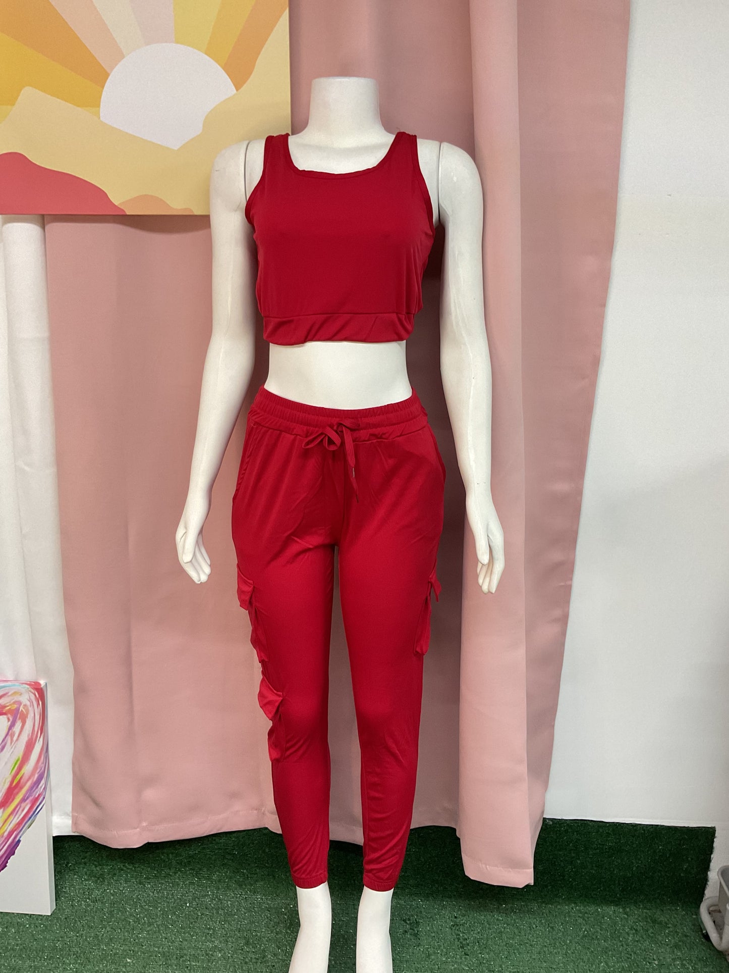 Set jogger crop top sport rojo/negro/crema/verde/coral