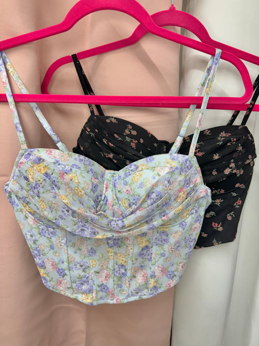 Crop top bustier floral azul/ negro