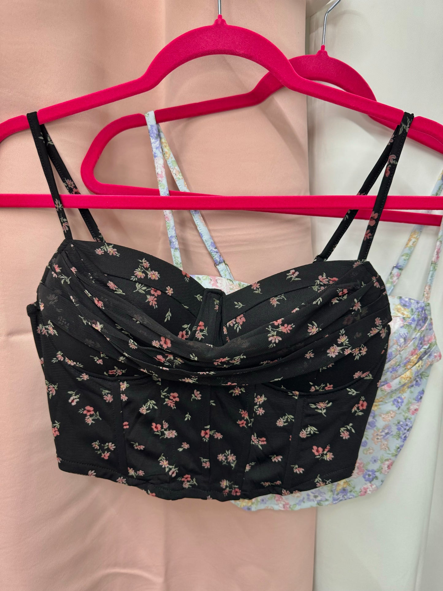 Crop top bustier floral azul/ negro