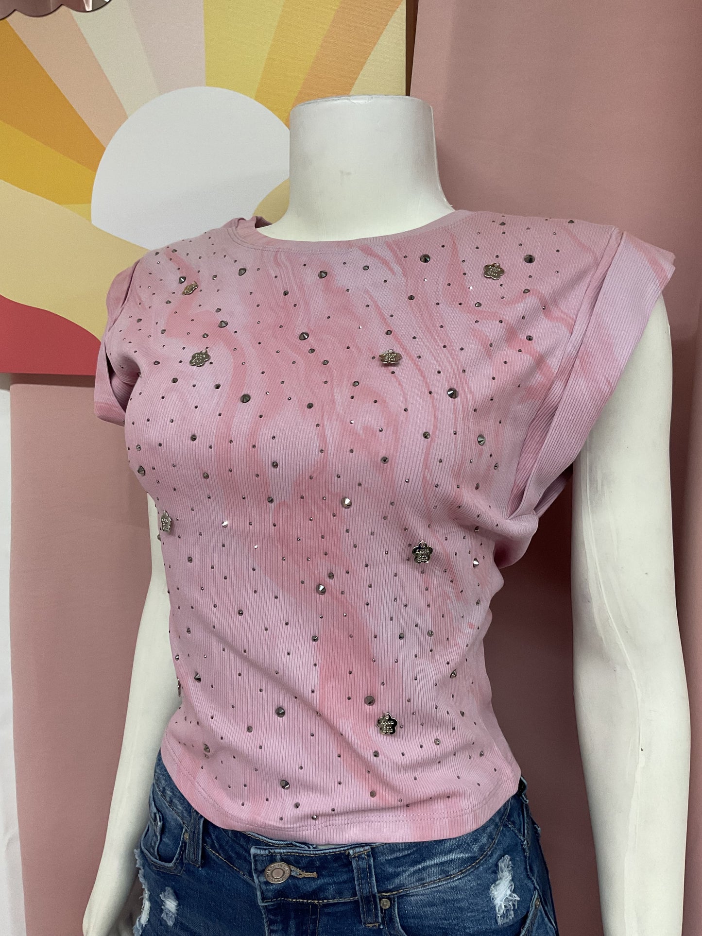 Camisa rhinestones verde/rosa