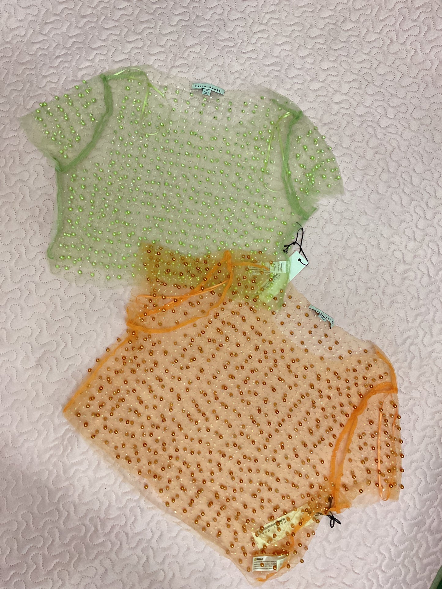 Crop top Perlas rhinestones transparente verde/naranja