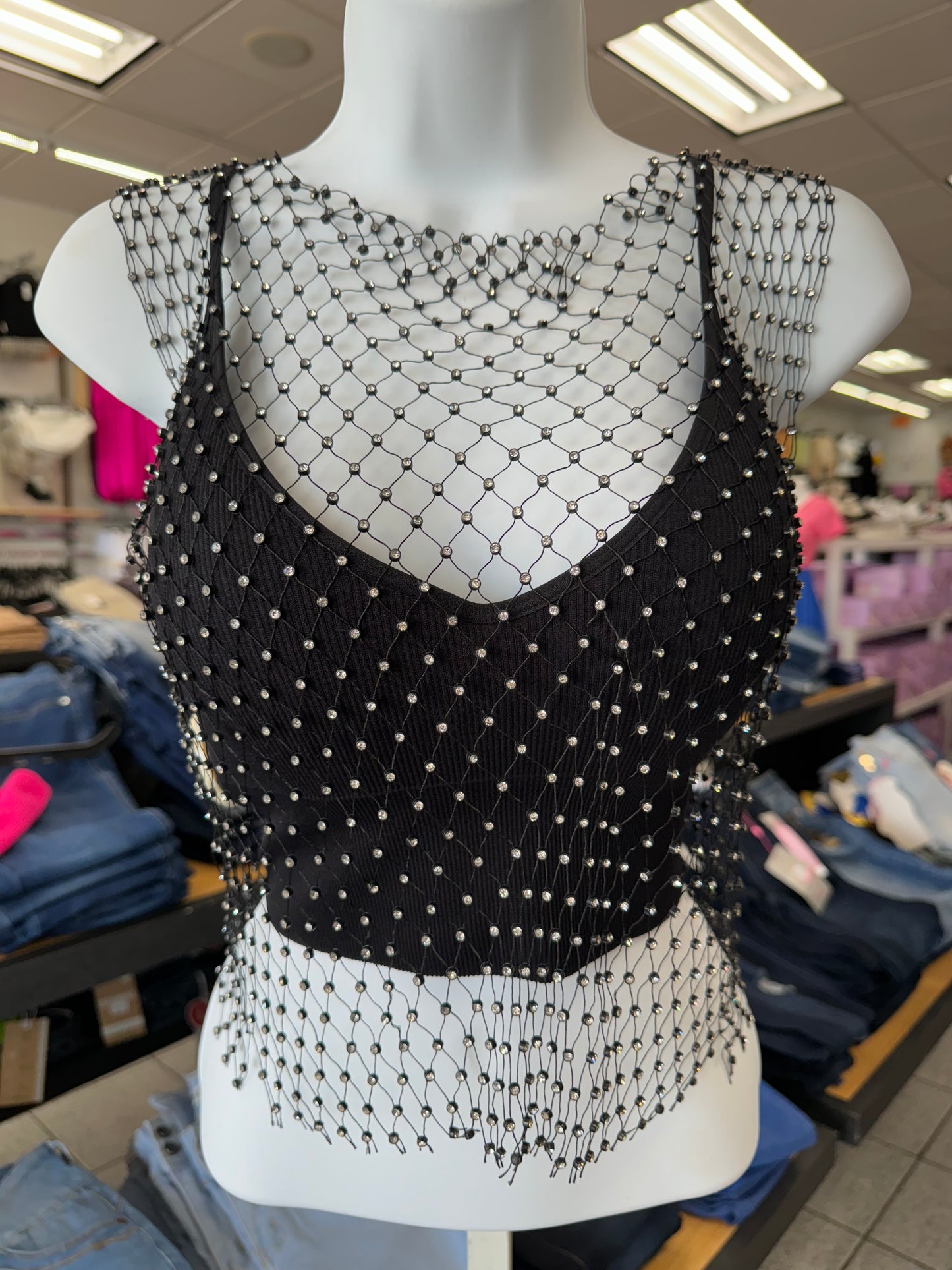 Crop top malla rhinestones blanco/ negro