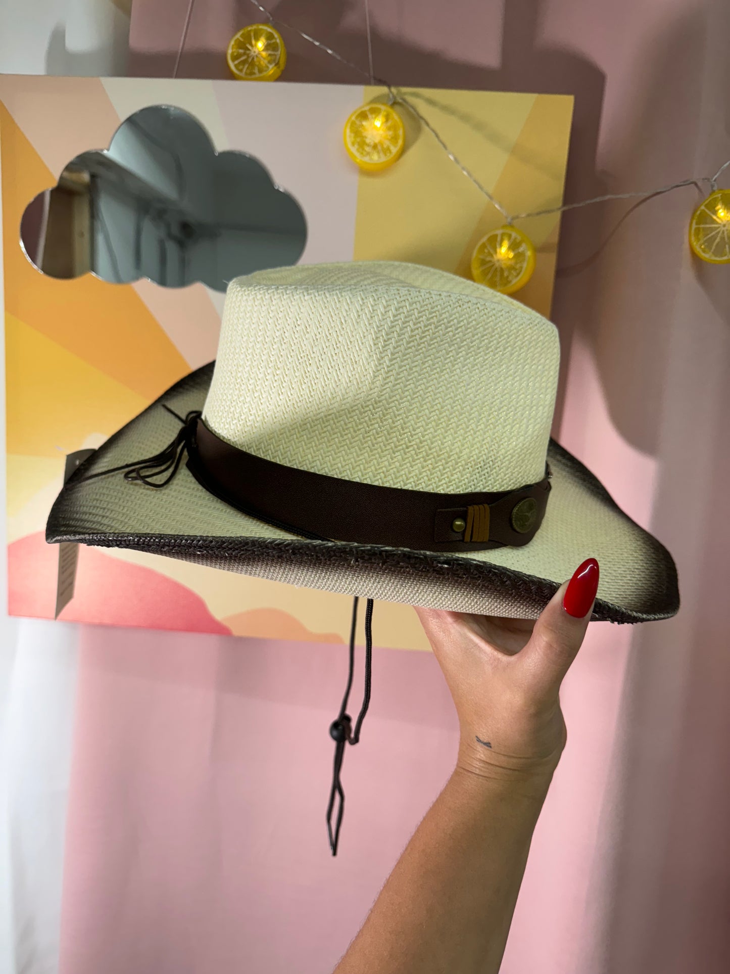 Gorro vaquero cuero marrón crema/blanco/amarillo