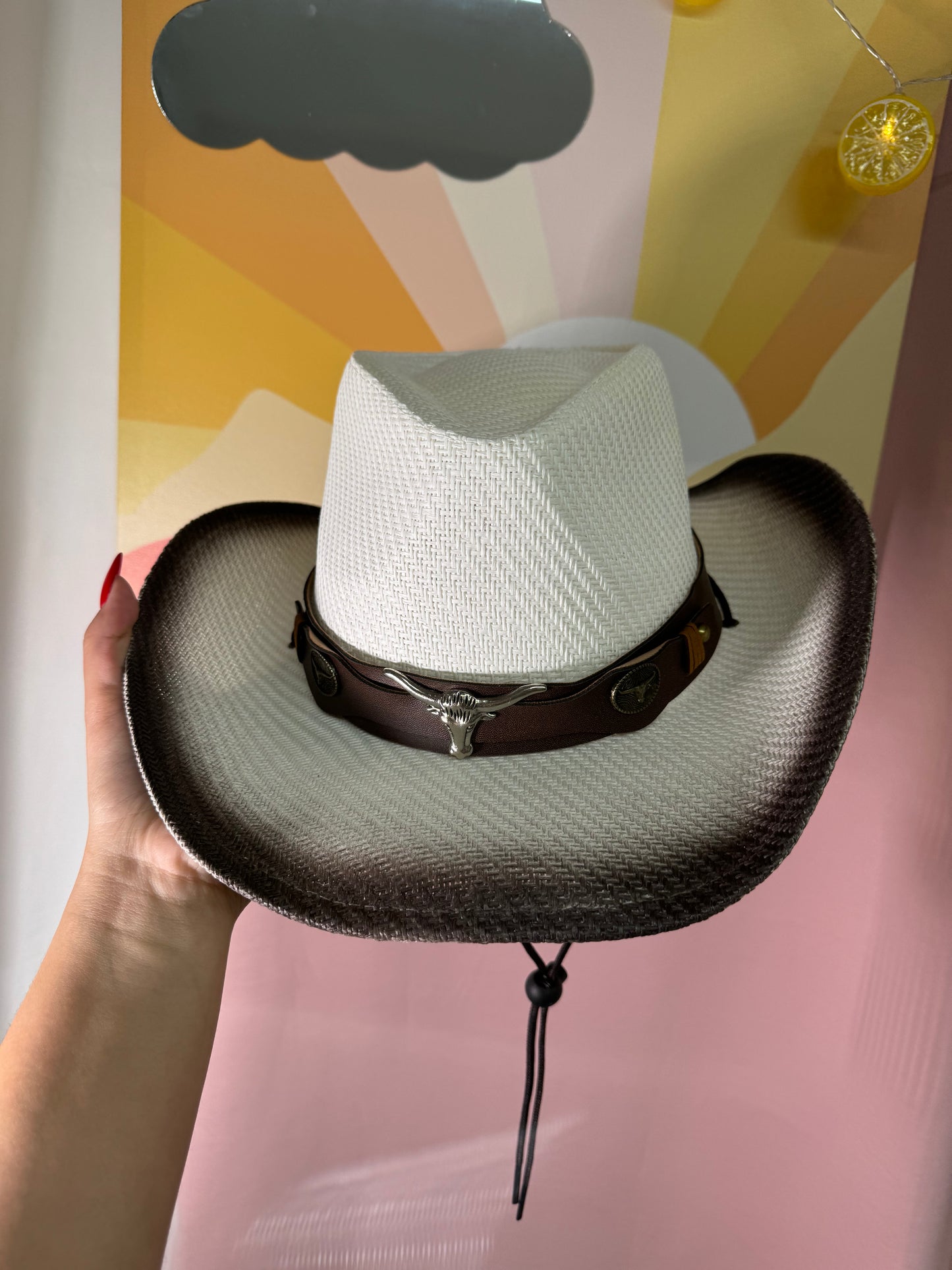 Gorro vaquero cuero marrón crema/blanco/amarillo