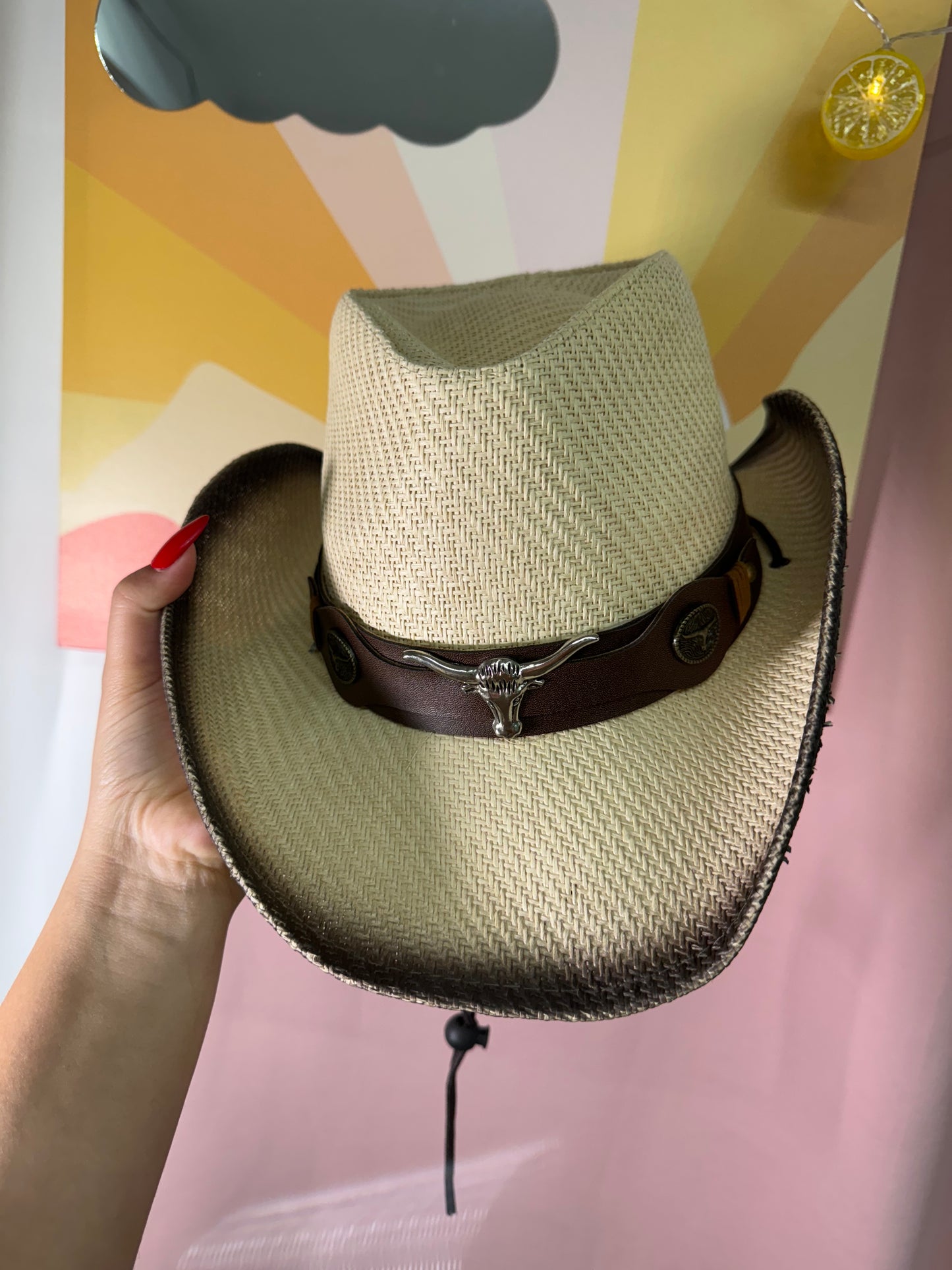 Gorro vaquero cuero marrón crema/blanco/amarillo