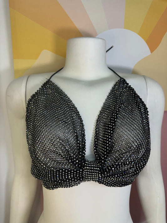 Crop top bra rhinestones blanco/negro one-size