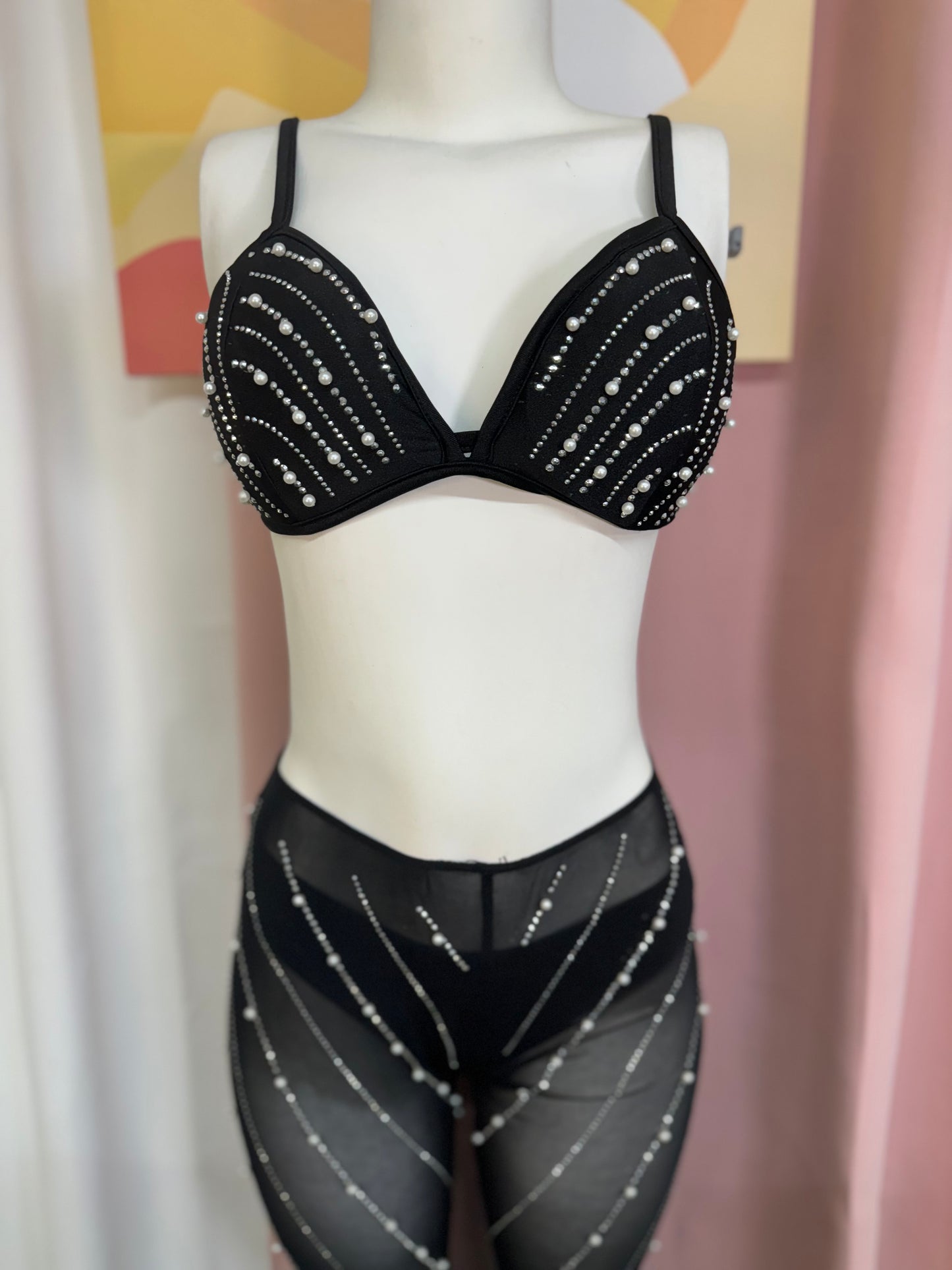 Set 3 piezas mesh negro perlas rhinestones