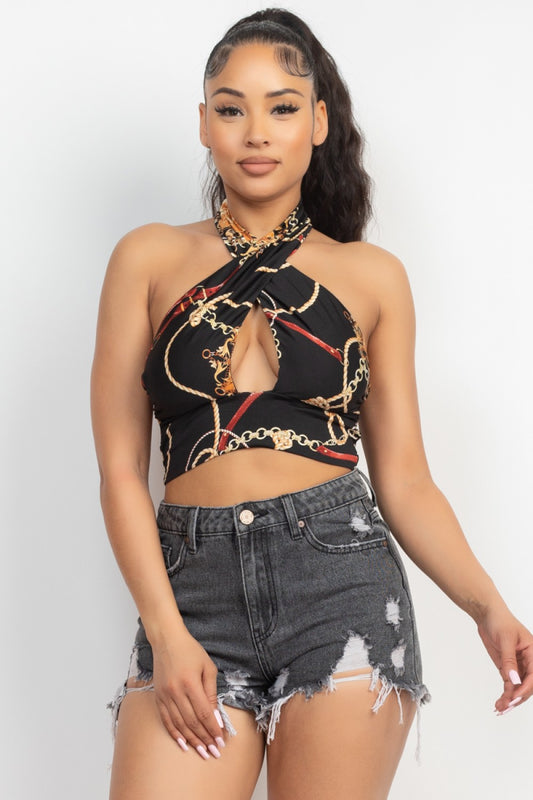 Crop top cruzado negro print cadenas