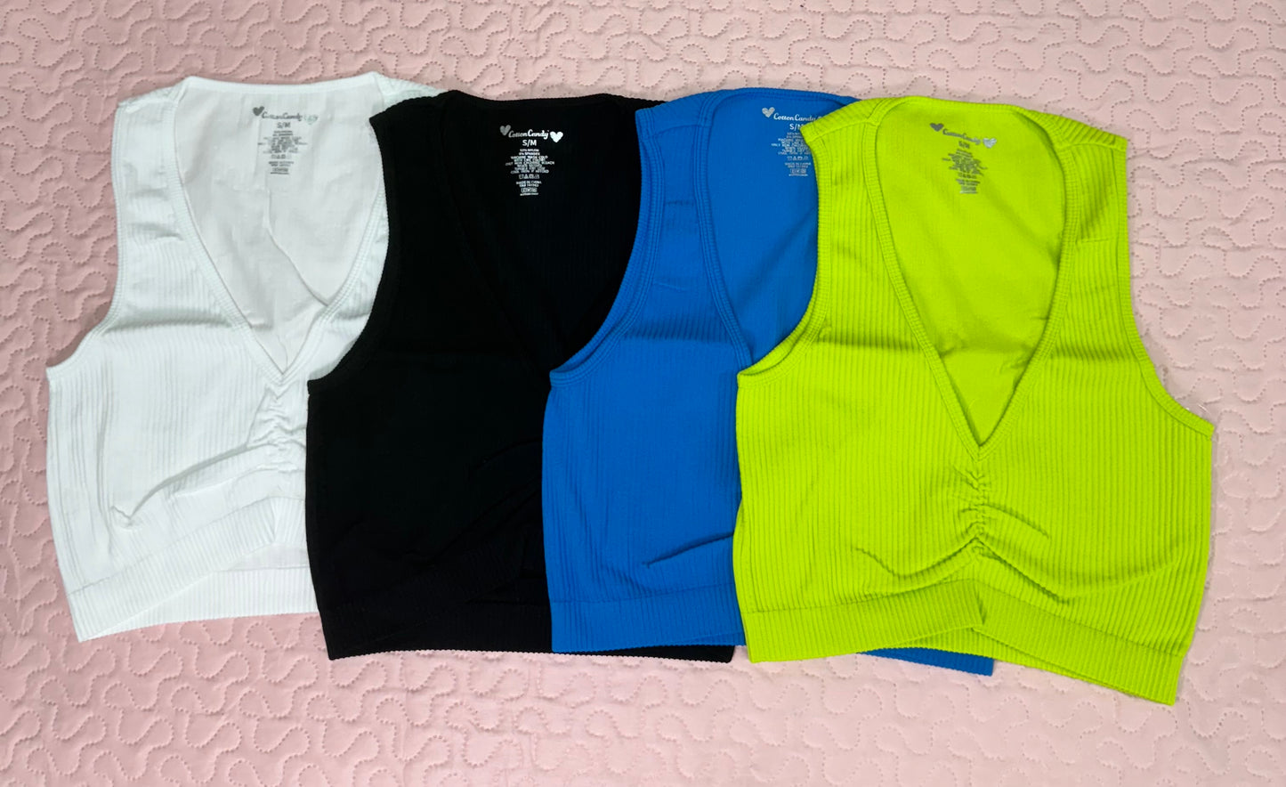 Crop top spandex fruncido lima/negro/azul/blanco