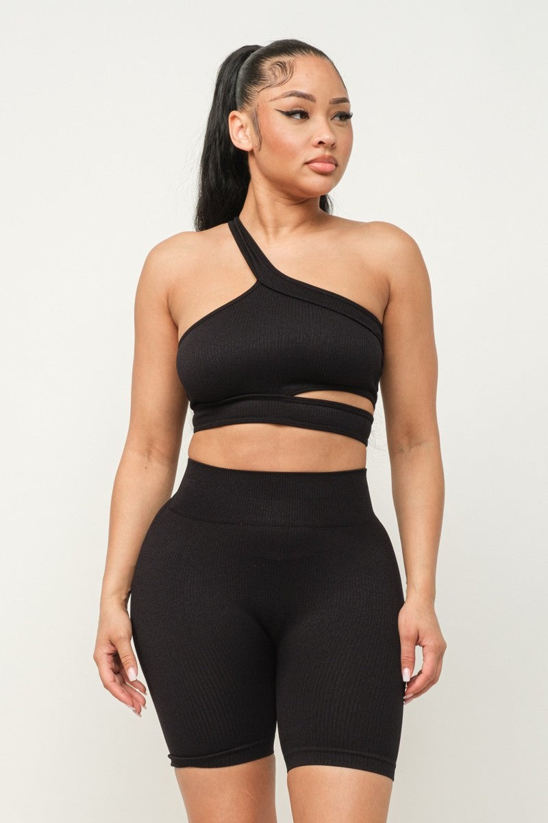 Set sport bermuda crop top una tira verde/ negro