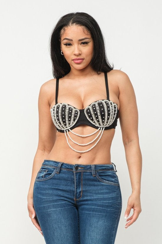 Crop top bra shells perlas blanco/ negro