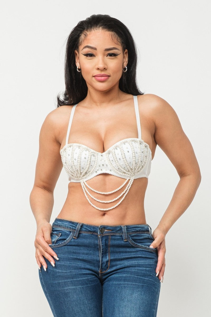 Crop top bra shells perlas blanco/ negro