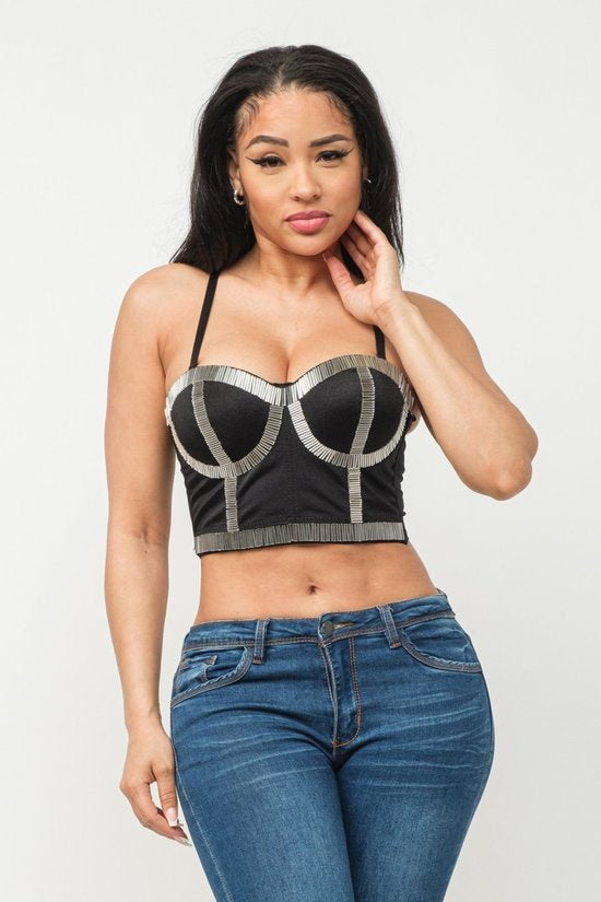 Crop top bustier pedrería metálica plata negro