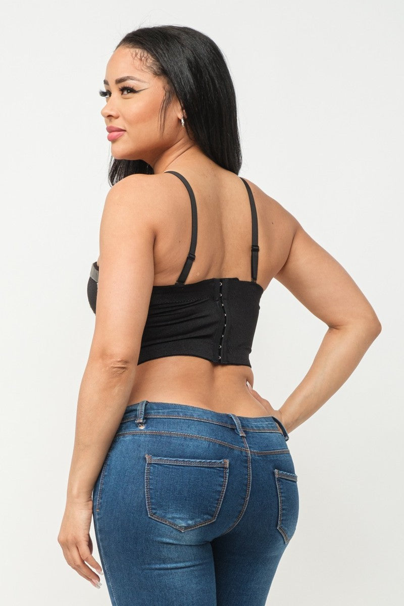 Crop top bustier pedrería metálica plata negro