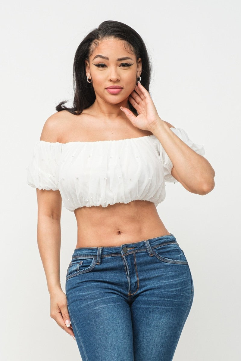 Crop top strapless perlas negro/ blanco