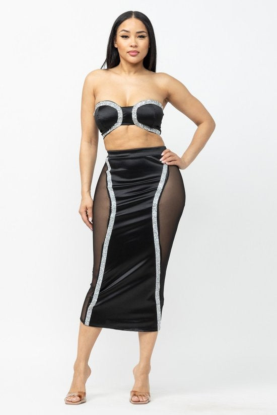 Set falda transparencia strapless negro rhinestone