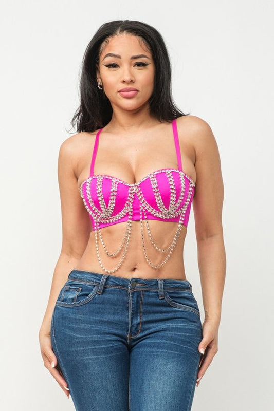 Crop top bra rhinestones magenta