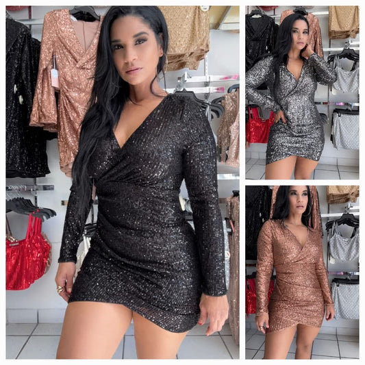 Traje manga larga lentejuelas mocha/ plata