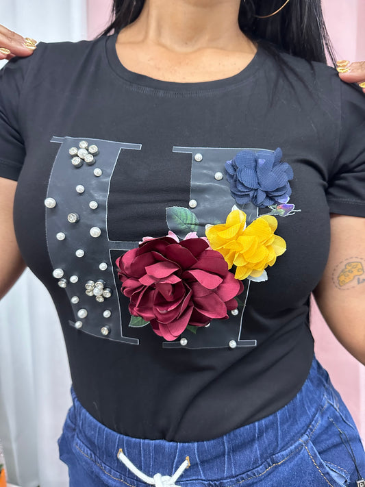 Camisa negra H adornos flores perlas rhinestones