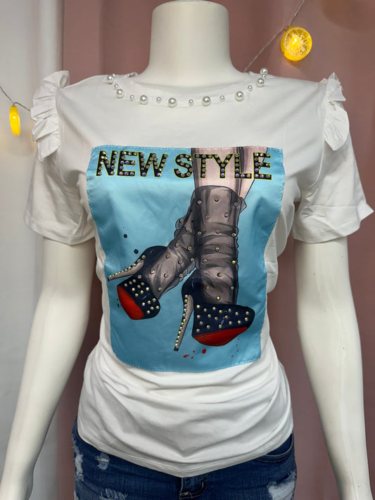 Camisa new style tacos perlas volantes blanco