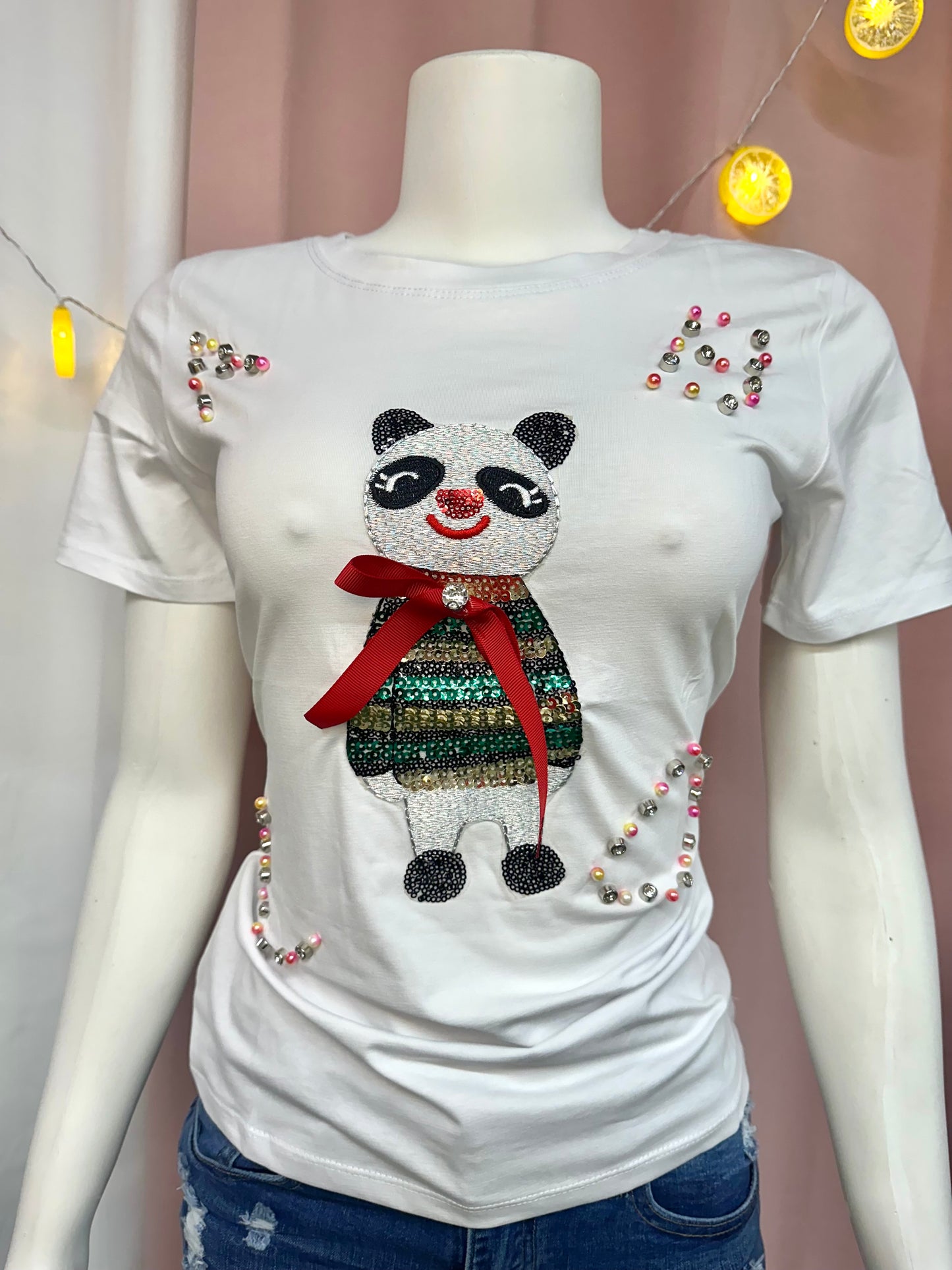 Camisa panda adornos lazo rhinestones blanco