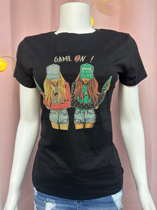 Camisa casual amigas game on rhinestones negro