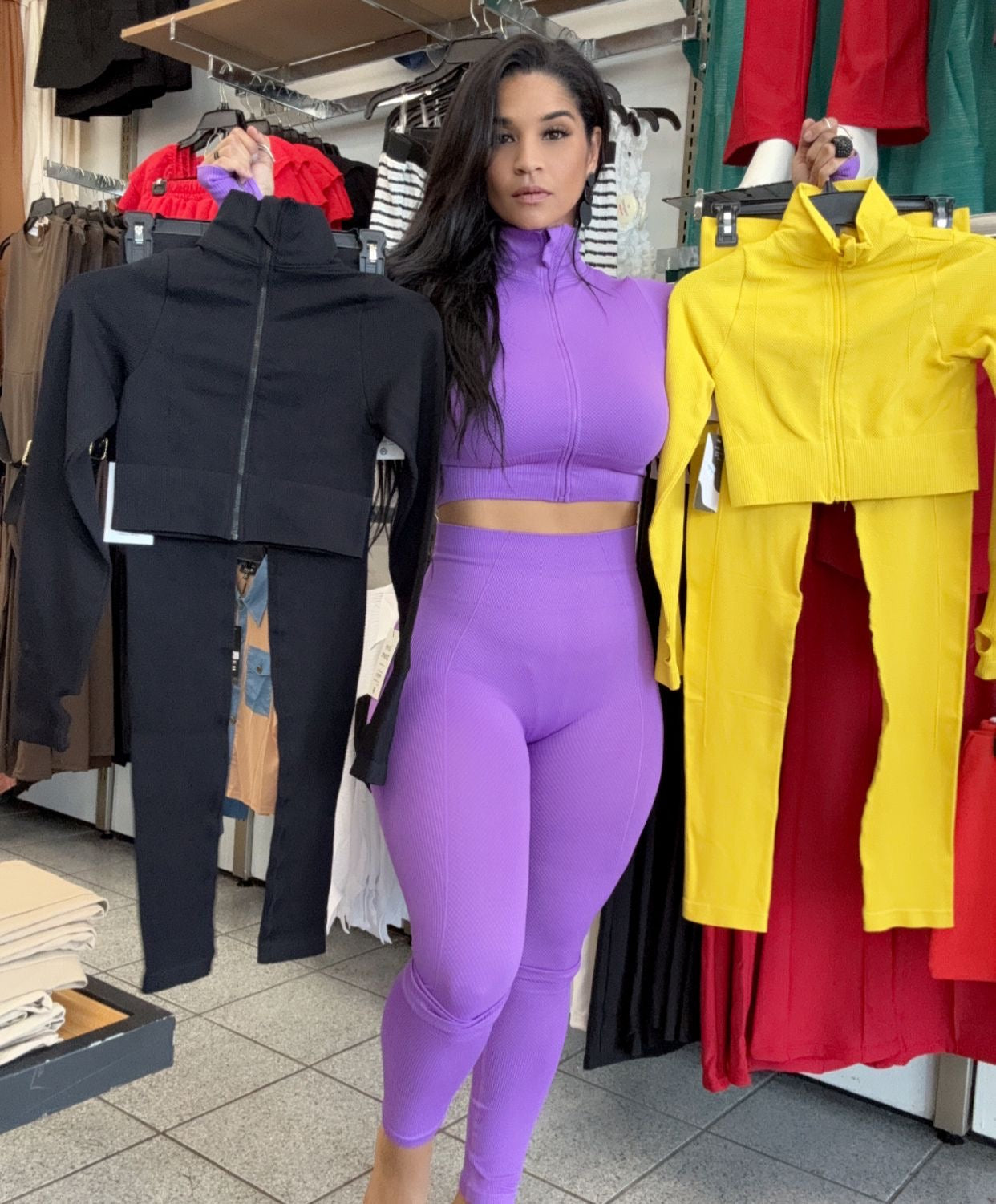 Set sport jacket leggings amarillo/ negro/ violeta