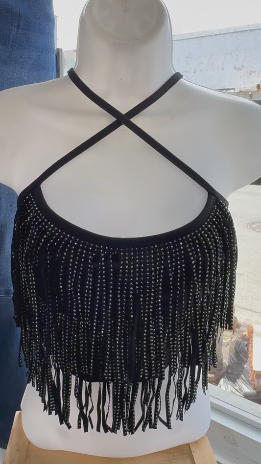 Crop top flecos vaquero negro  brillos